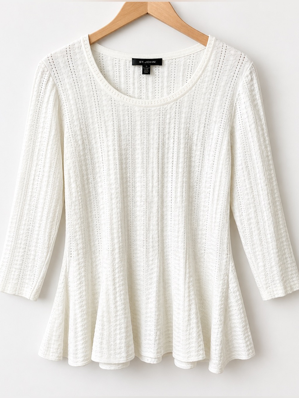 St St. John White Knit Peplum Top 3/4 Sleeve Textured Sweater Top Size 10